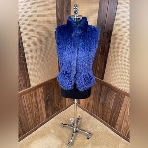 Beautiful Dyed Blue Knit Beaver & Mink Collar Fur Vest Jacket Coat Small